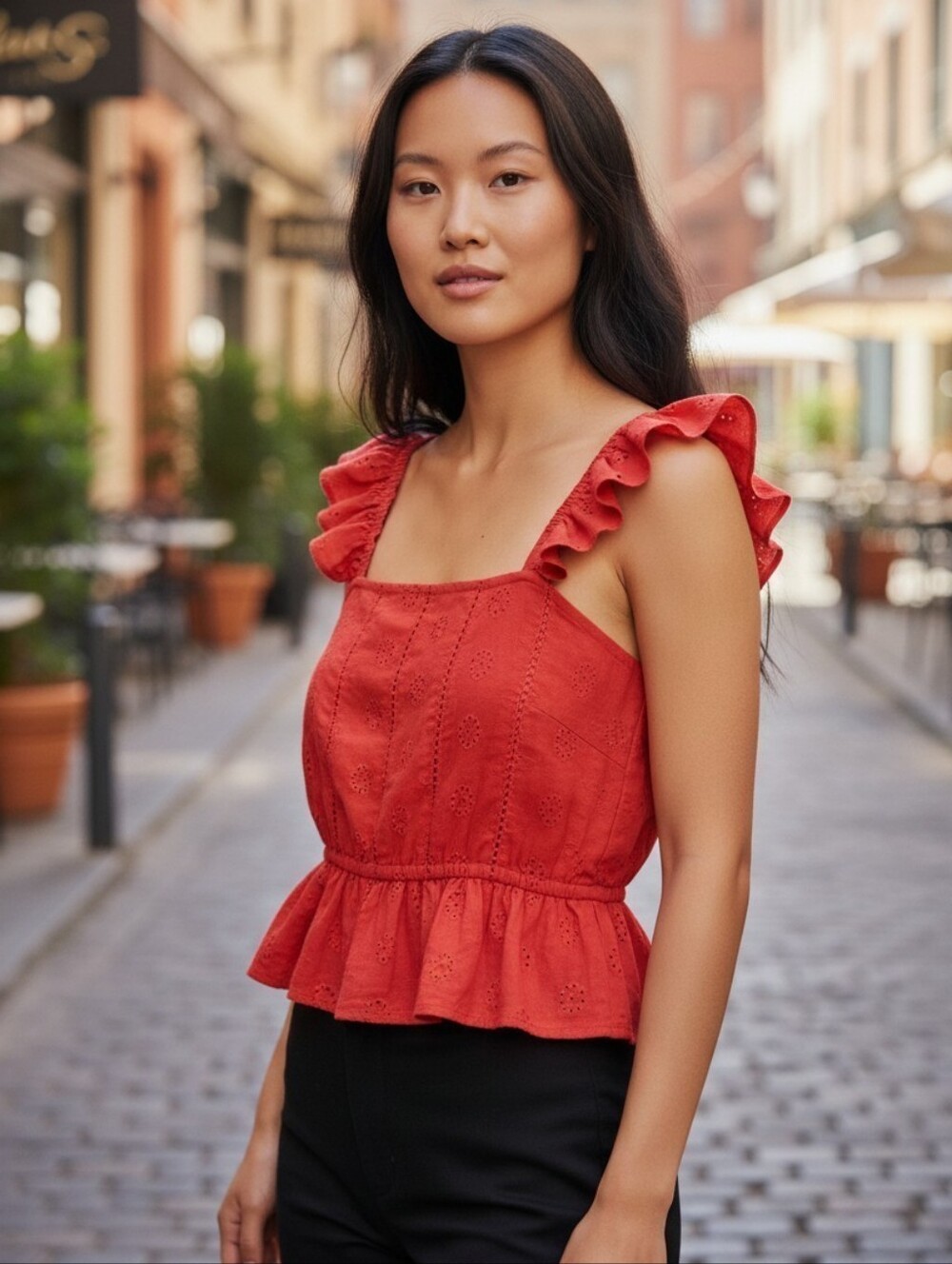 Eyelet Ruffle Cami Sleeve Top Dopamine Dressing Orange  S